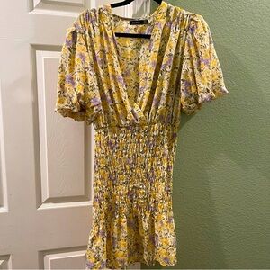Boohoo Yellow Floral Deep V Neck Dress with Bell Sleeves Boho Sundress size 12